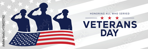 Veterans Day banner with a soldier silhouette saluting, flanked by American flags, set against a background of stars and stripes. Honors veterans and service members who served the USA.