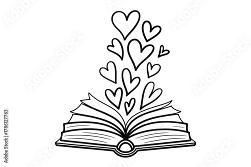An open book with many hearts rising from its pages.
