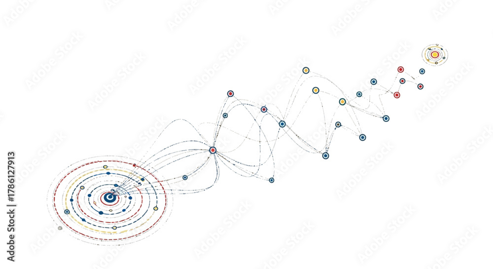 Fototapeta premium Dynamic Network Connection Diagram: Abstract Data Flow and System Progression with Interconnected Nodes on White