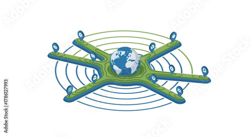 Worldwide Digital Network and Service Distribution Hub (Isometric 3D Concept)