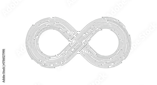 Digital infinity symbol formed by intricate circuit board traces and connections on a clean white background