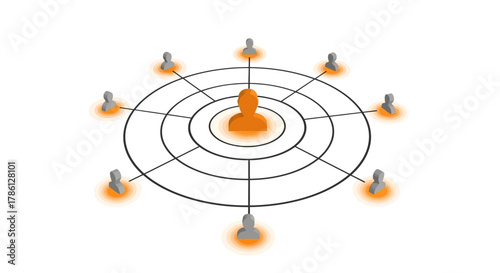 Centralized People Network and Hierarchy Diagram Isolated on White. Concept of Leadership, Target Audience, or Influence.
