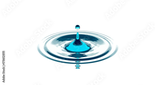 Perfect Blue Water Drop Splash and Symmetrical Ripple Formation Isolated on Pure White Background