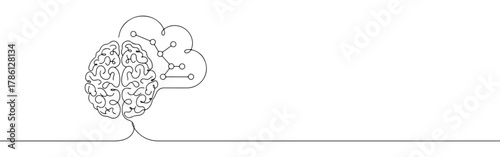 Continuous one line drawing of a brain with a cloud and network connections. Concept of cloud computing and AI
