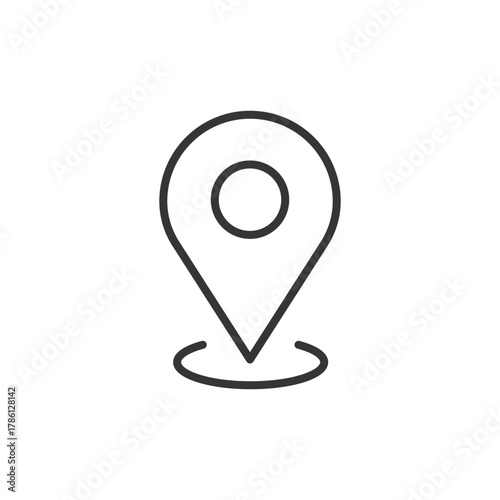 A black location pin graphic on a white background It consists of a teardropshaped body with a circle inside A curved base sits below