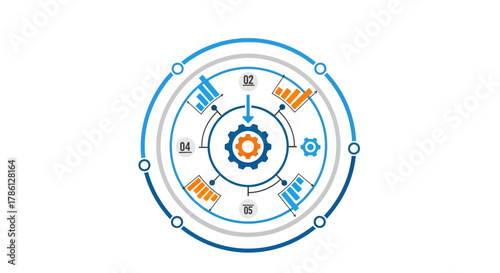 Circular Process Infographic with Data Visualization and Central Gear for Operational Workflow and Optimization Diagram