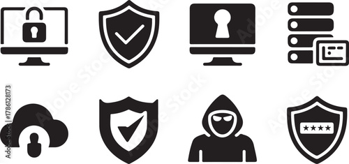 Cybersecurity and data protection icon set lock shield