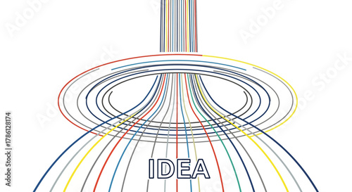 Idea Generation Concept Vector: Abstract illustration of colorful data streams converging into a central funnel structure, symbolizing innovation and synthesis.