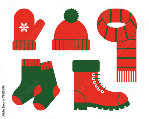 A collection of red and green winter clothing items includes a hat, scarf, mittens, socks, and a boot.