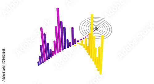 Abstract 3D Data Visualization: Dynamic Bar Graph Converting to Target Signal, Ideal for Financial Analytics, Technology, and Sound Frequency.