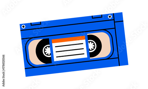 Hand drawn cute illustration of retro video cassette. Flat vector old vhs videocassette sticker doodle. Analog media. Vintage film or cinema record on tape icon. Nostalgia sign. Isolated.