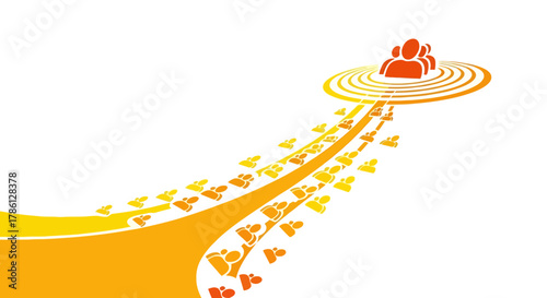 Audience Flow Vector Illustration: People Icons Stream Towards a Central Leadership Target or Marketing Goal