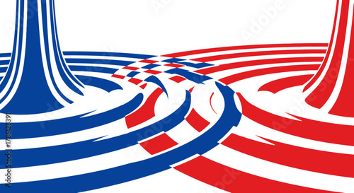 Dynamic Red, White, and Blue Abstract Background of Flowing Lines and Stripes, Ideal for US Patriotism, Elections, and Modern Digital Design.