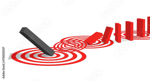 3D Domino Effect: Black Key Block Hits Target and Initiates a Red Cascade Chain Reaction across Multiple Targets