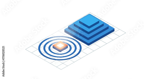 Abstract Isometric Pyramid Structure and Glowing Central Data Point on a Grid for Technology Architecture and Strategy