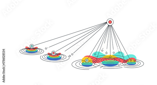 Centralized Distribution and Ripple Effect Diagram. Core Node Spreading Impact and Influence Across a Network Structure.
