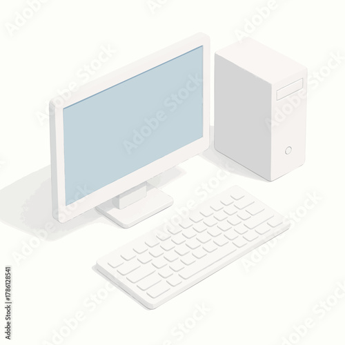 desktop computer setup with monitor, keyboard, and tower case on a white background. Isometric Generative ai vector colorful illustration.