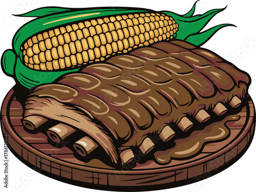 Pork ribs and corn on a wooden platter illustration food meat vector illustration EPS file download.
