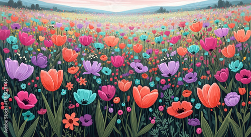 Fototapeta Naklejka Na Ścianę i Meble -  Colorful flower field with tulips and wildflowers in the meadow landscape
