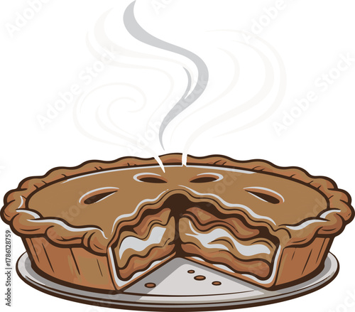 Steaming slice of pie with flaky crust and creamy filling food dessert vector illustration EPS file download.
