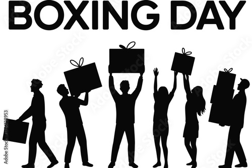 Silhouettes of people holding gift boxes on Boxing Day