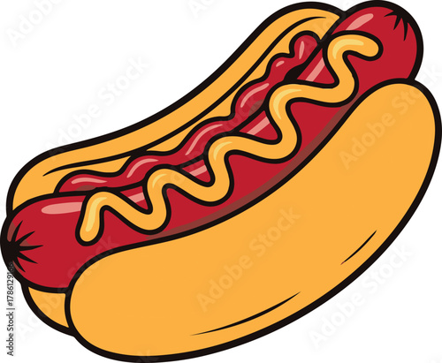 Red sausage hot dog with yellow mustard and red ketchup in bun vector illustration EPS file download.
