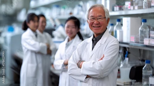 A portrait of a scientist in a laboratory setting. The scientist is wearing a white lab coat and has a confident posture with arms crossed.