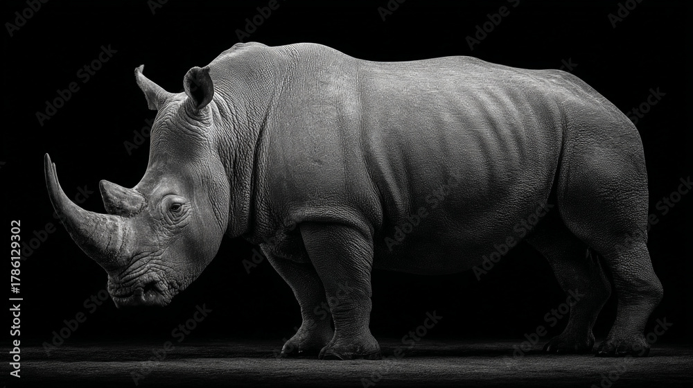 Fototapeta premium Monochrome image of a rhinoceros standing against a dark background in profile view