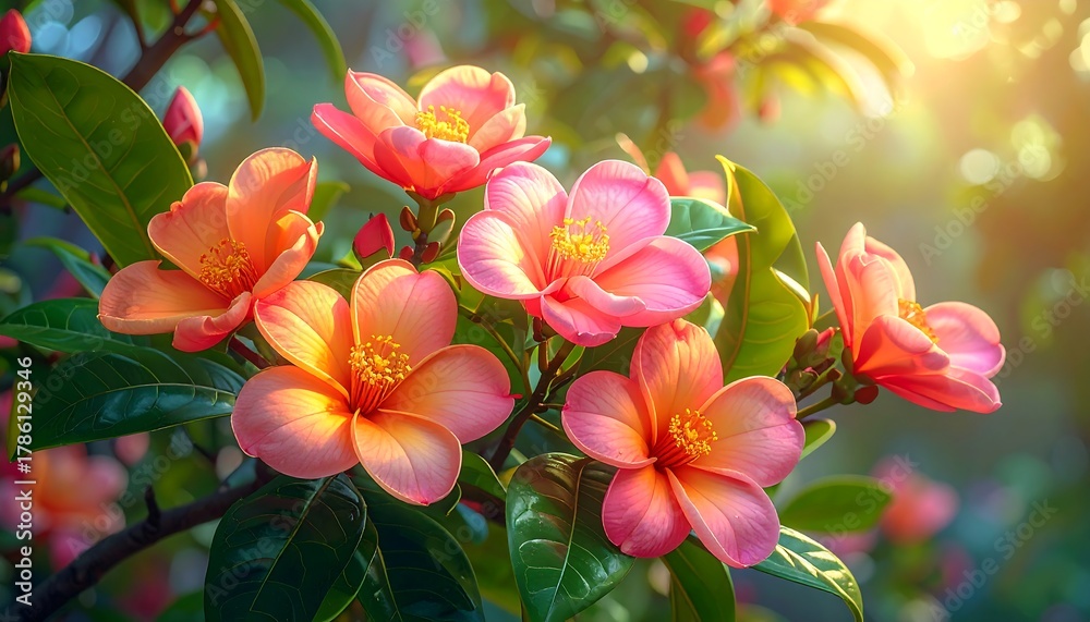Obraz premium Close-up of vibrant, blooming flowers with pink and orange petals, vibrant green leaves, and sunlight