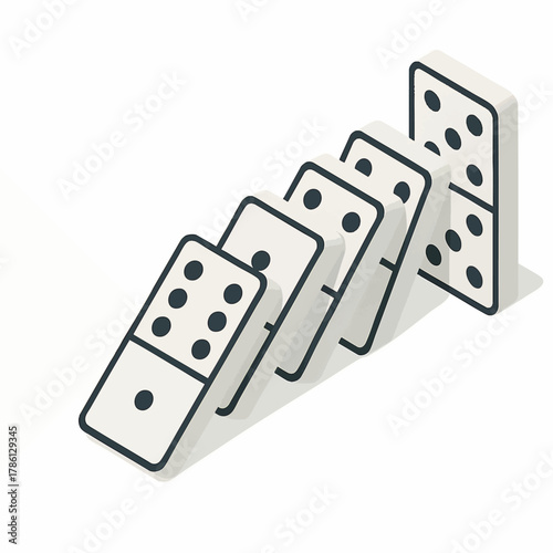 falling domino tiles arranged in a chain reaction. Represents the domino effect, cause and effect, or strategic gameplay. Isometric Generative ai vector colorful illustration.