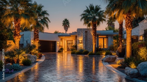Luxurious modern home with palm trees and elegant sunset lighting for a serene atmosphere