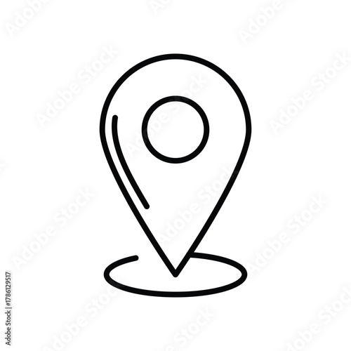 A black outline of a map pin icon featuring a teardrop shape with a central circle and a base circle