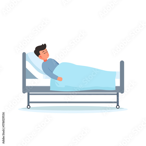 A man in a hospital bed resting and sleeping peacefully