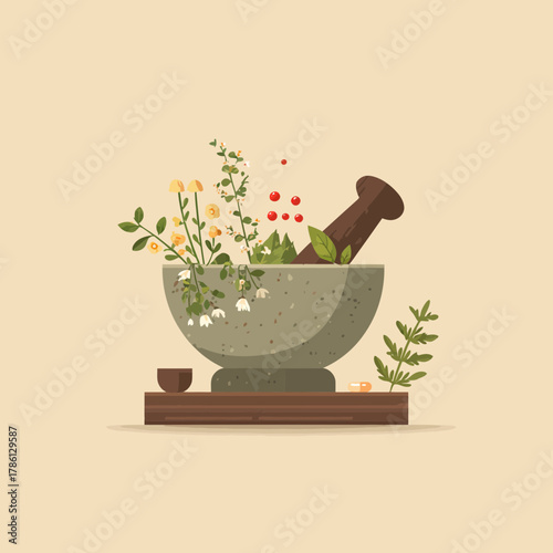 A mortar and pestle with herbs and flowers design