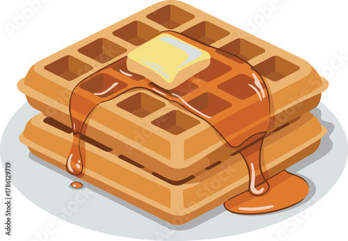 Stack of two golden waffles with melting butter and dripping syrup food breakfast vector illustration EPS file download.
