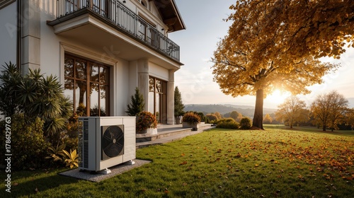 Modern home with air source heat pump in autumn landscape at sunset