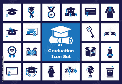 Graduation Ceremony Flat Icons: Academic Achievement, Diploma, Cap, and Gown Set.