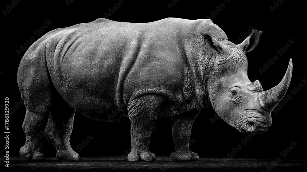 Obraz premium A grayscale photograph of a rhinoceros standing against a black background space