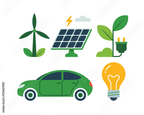 Green energy and sustainability icons including a car, wind turbine, solar panel, and lightbulb.