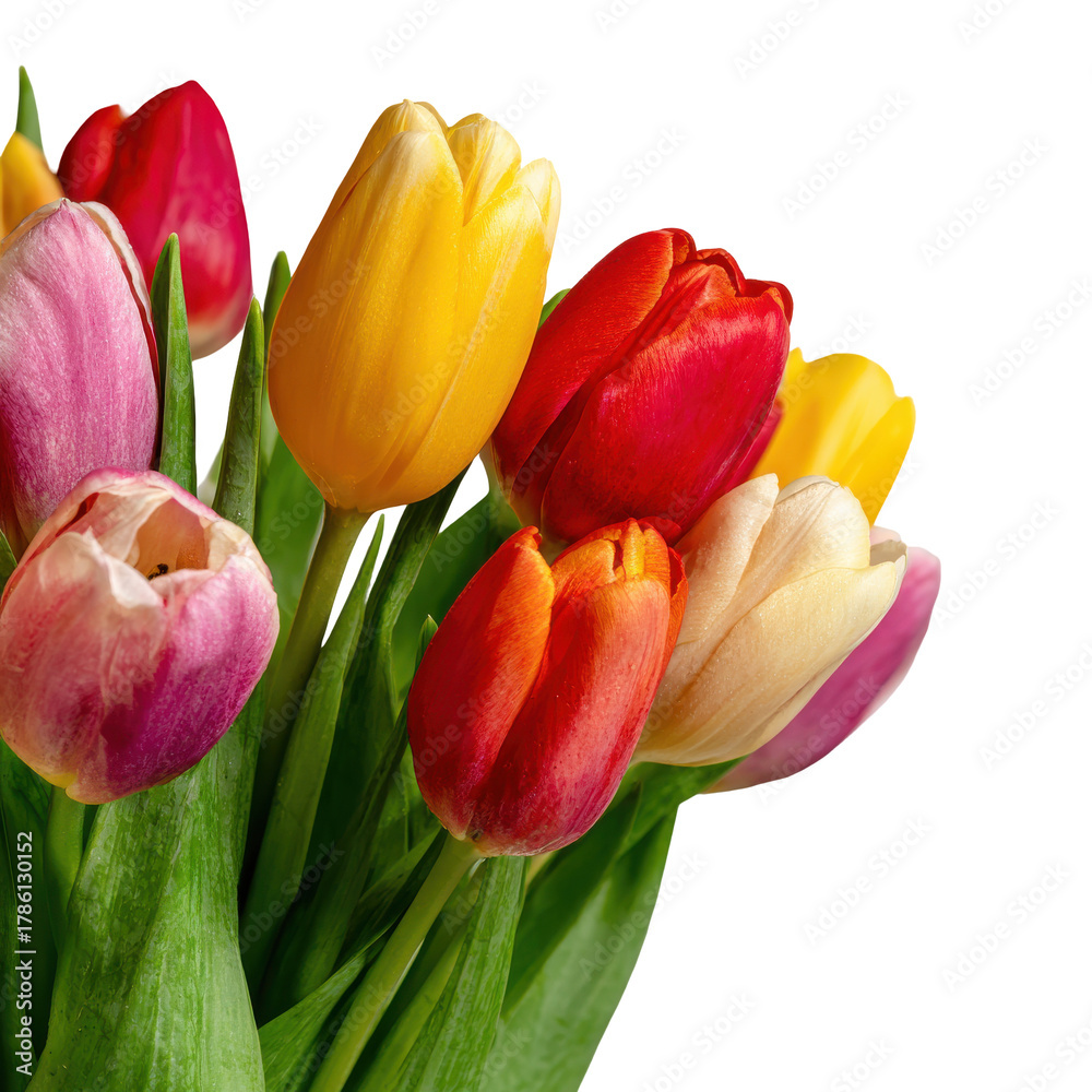 Obraz premium Colorful bouquet of tulips isolated on transparent background. Vibrant bouquet of mixed color tulips and green leaves isolated on white background.