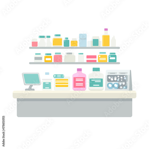 Flat Vector Illustration of a Pharmacy Counter with Medicines