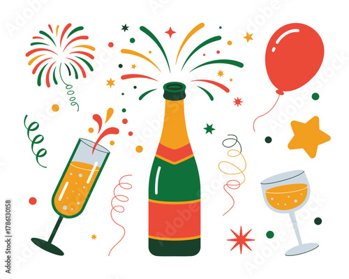 A bottle of champagne and two glasses are surrounded by fireworks and balloons.