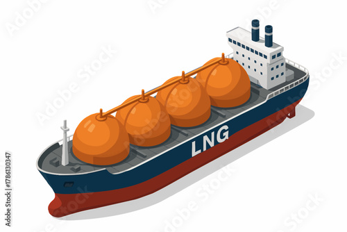 LNG Liquefied Natural Gas tanker ship featuring large spherical storage tanks and labeled hull, used for transporting liquefied gas across oceans. Isometric Generative ai vector colorful illustration.