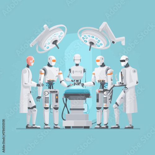 Robotic surgical team performing operation in an operating room