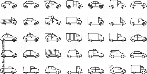 PrintCar and truck icon set, delivery van outline symbols, fast vehicle motion graphics, automotive fleet illustrations, minimal transport collection, black line art