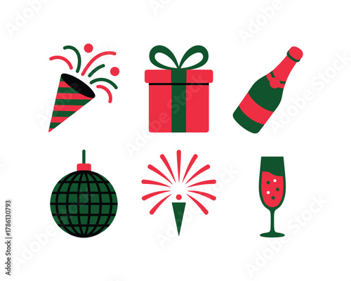 A festive collection of holiday celebration icons including a party popper and champagne.