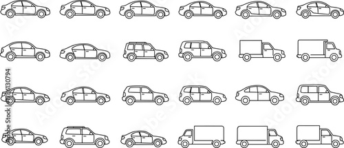 PrintCar and vehicle icon set, sedan SUV van illustrations, delivery truck line art, transportation outline symbols, automotive fleet graphics, minimal transport collection