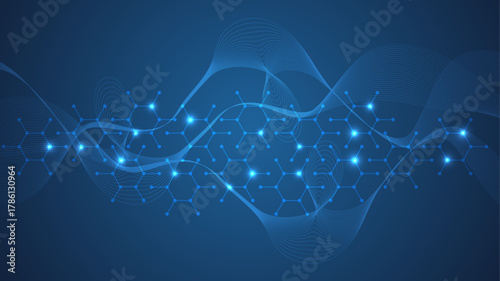 Health care abstract background with hexagons, lines and dots. Medical innovation banner template concept. Biology and pharmaceutical technology background. Vector illustration.