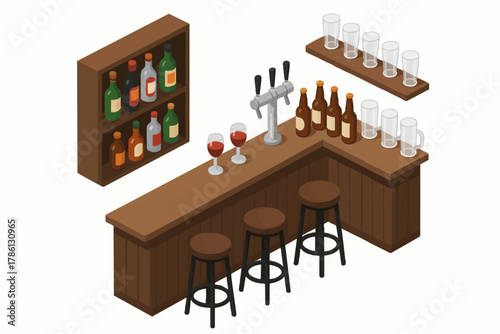 cozy bar setup featuring a wooden counter, bar stools, beer taps, various liquor bottles, wine glasses, and shelves with glassware. Isometric Generative ai vector colorful illustration.