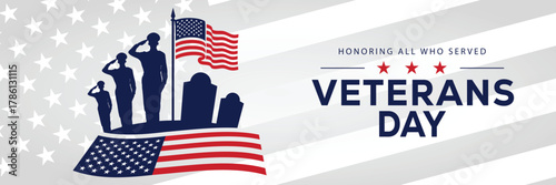 Veterans Day banner with a soldier silhouette saluting, flanked by American flags, set against a background of stars and stripes. Honors veterans and service members who served the USA.